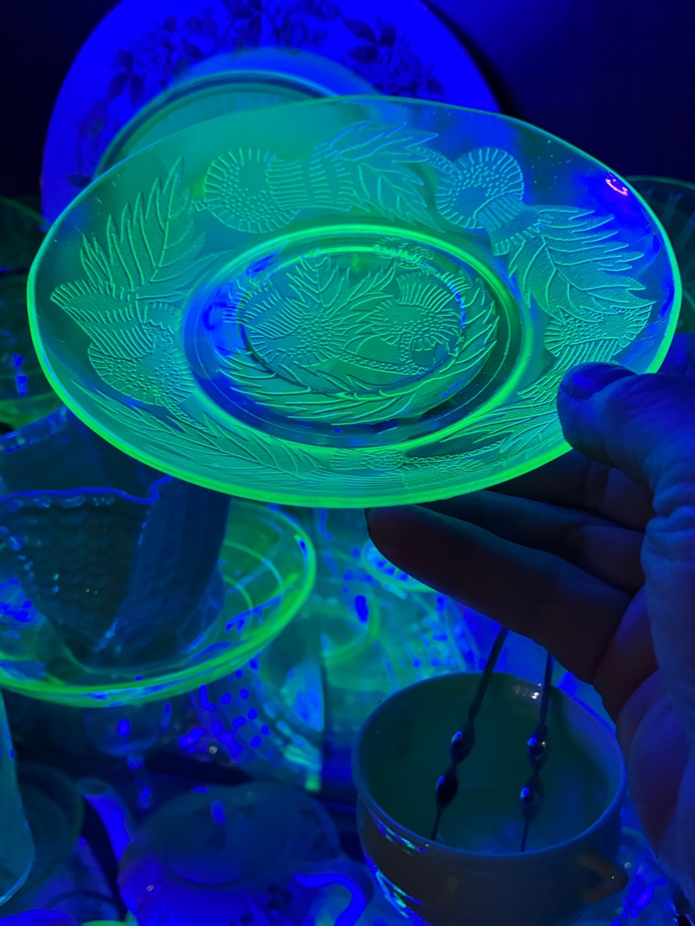 4 - 6 in Depression Uranium glass Thistle pattern small plates/saucers